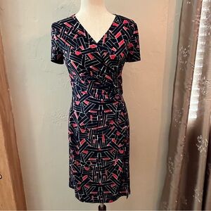 Liz Claiborne Size 4/6 Navy and Coral Faux Wrap V-Neck Sheath Dress